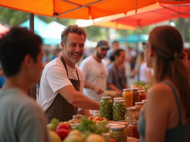 Steven Risher Smith at a local Jacksonville farmer's market, interacting with customers.