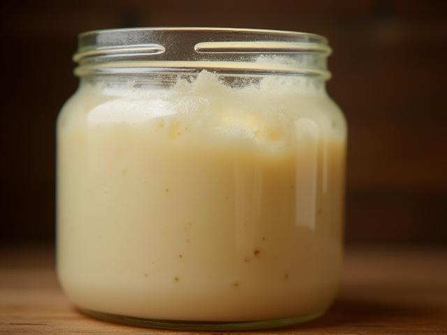 Close-up of bubbling sourdough starter in a glass jar.