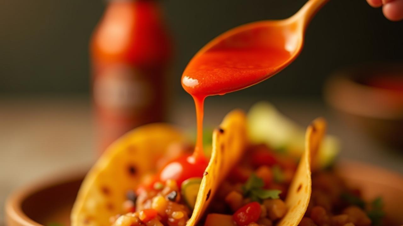 Dynamic shot of spicy fermented hot sauce drizzling over food, with a bottle visible in the background, showing vibrant color and motion.