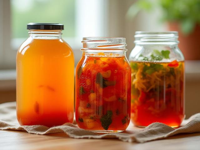 Arrangement of diverse fermented foods: kimchi, kombucha, kvass, sourdough, showing richness and variety