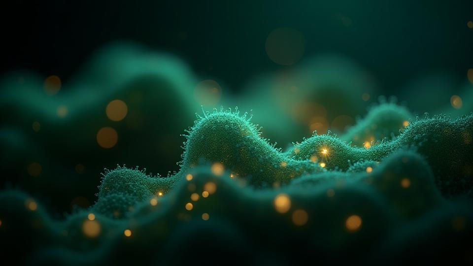 Abstract representation of gut health with flowing lines and bioluminescent microbes