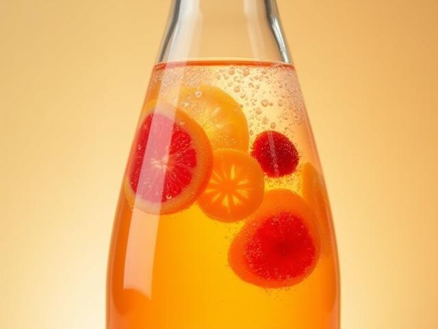 Glass bottle of bubbly kombucha with fruit slices