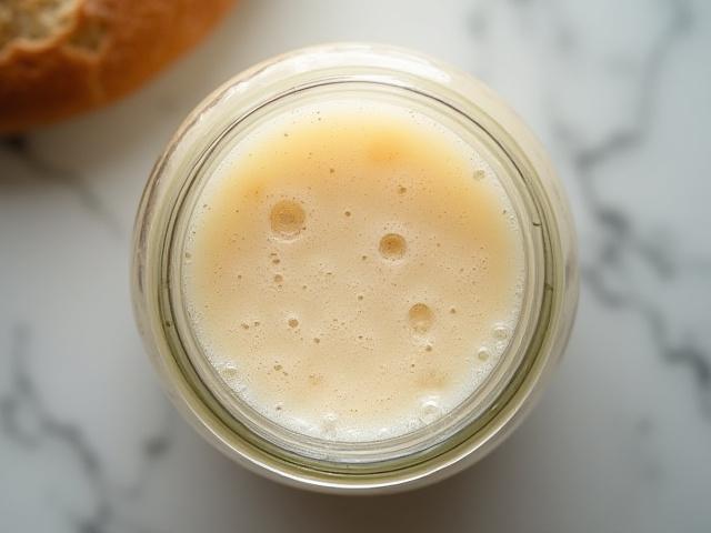 Active sourdough starter bubbling in a glass jar