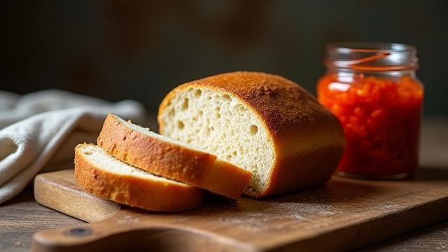 A golden-brown sourdough loaf next to a jar of kimchi.