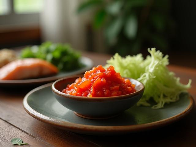 A vibrant bowl of kimchi, possibly alongside a simple Korean meal, highlighting its role as a delicious and healthy side dish.