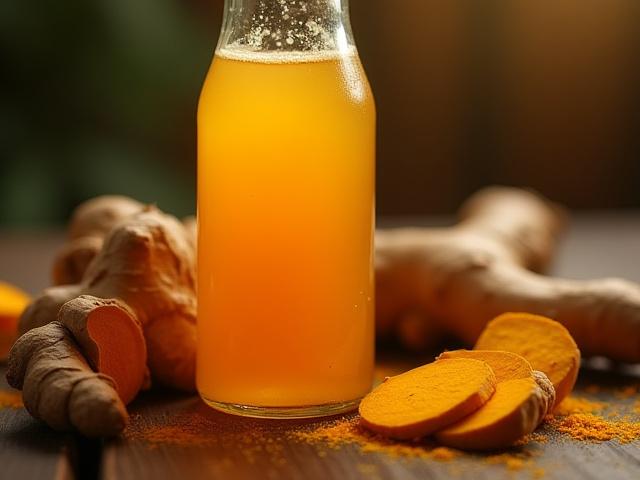 Glass bottle of ginger turmeric kombucha with fresh ginger root and turmeric slices.
