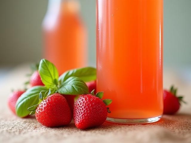 Glass bottle of strawberry basil kombucha with fresh strawberries and basil leaves scattered around.