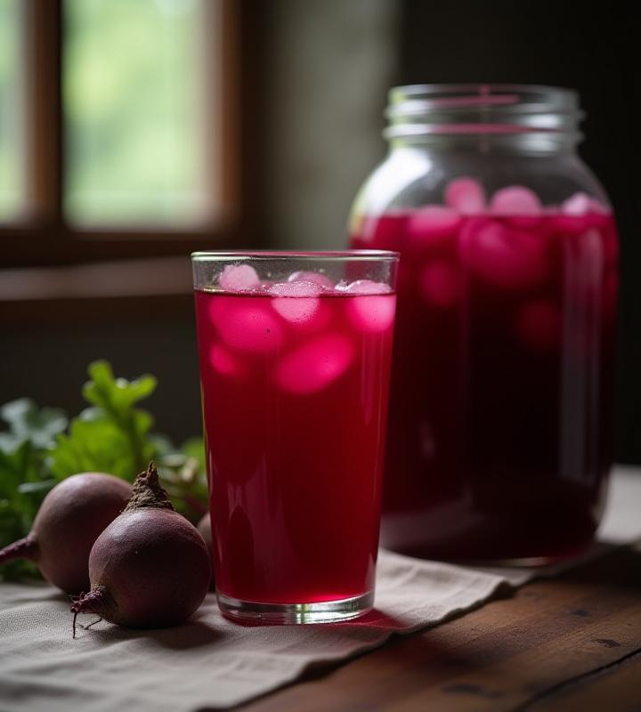 Glass of deep red beet kvass with fresh beets and a fermentation jar in the background