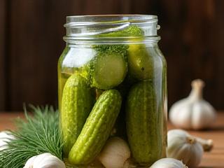 Jar of classic fermented Kirby cucumbers and garlic