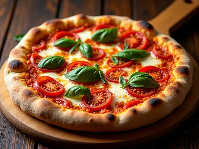 Delicious sourdough pizza with a thick, airy crust and fresh toppings.