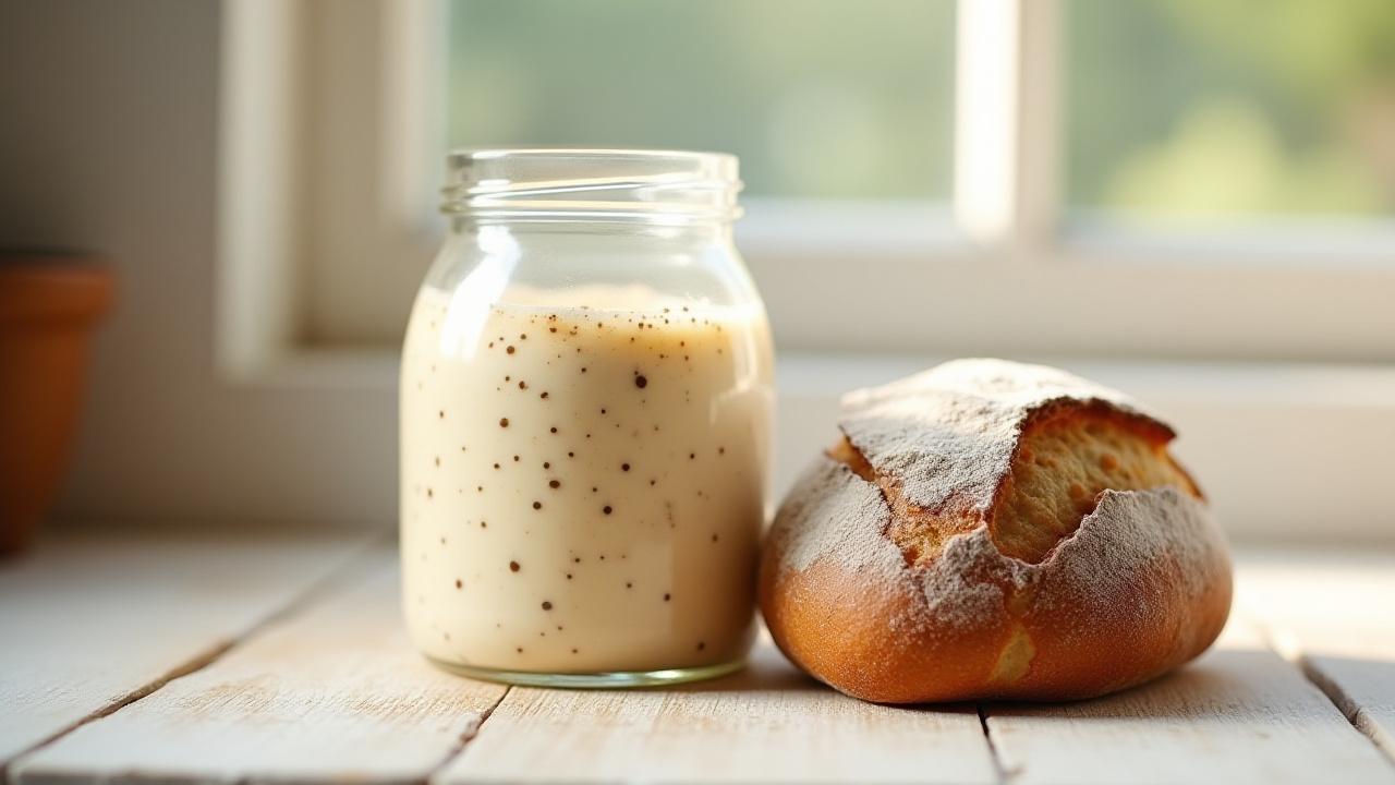 Bubbly, active sourdough starter in a glass jar next to a freshly baked, crusty sourdough loaf.